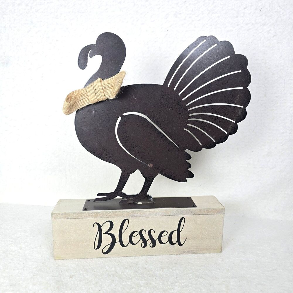 Thanksgiving Turkey Rustic Metal & Wood BLESSED Tabletop Decor Fall Harvest